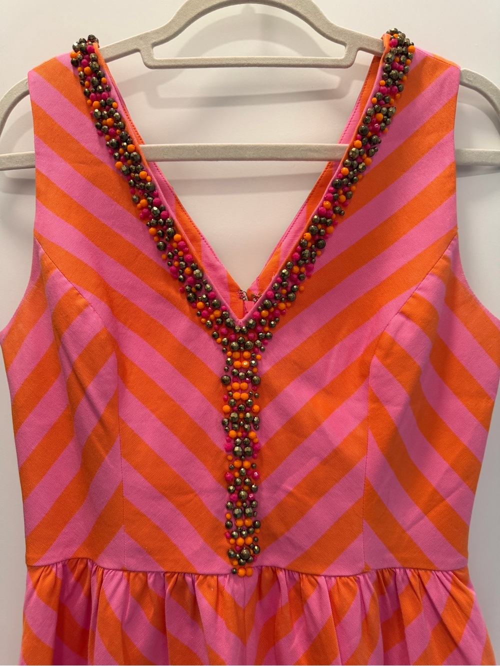 Lilly Pulitzer Pink and Orange Striped V-Neck Beaded Mini Dress - Picture 2 of 4